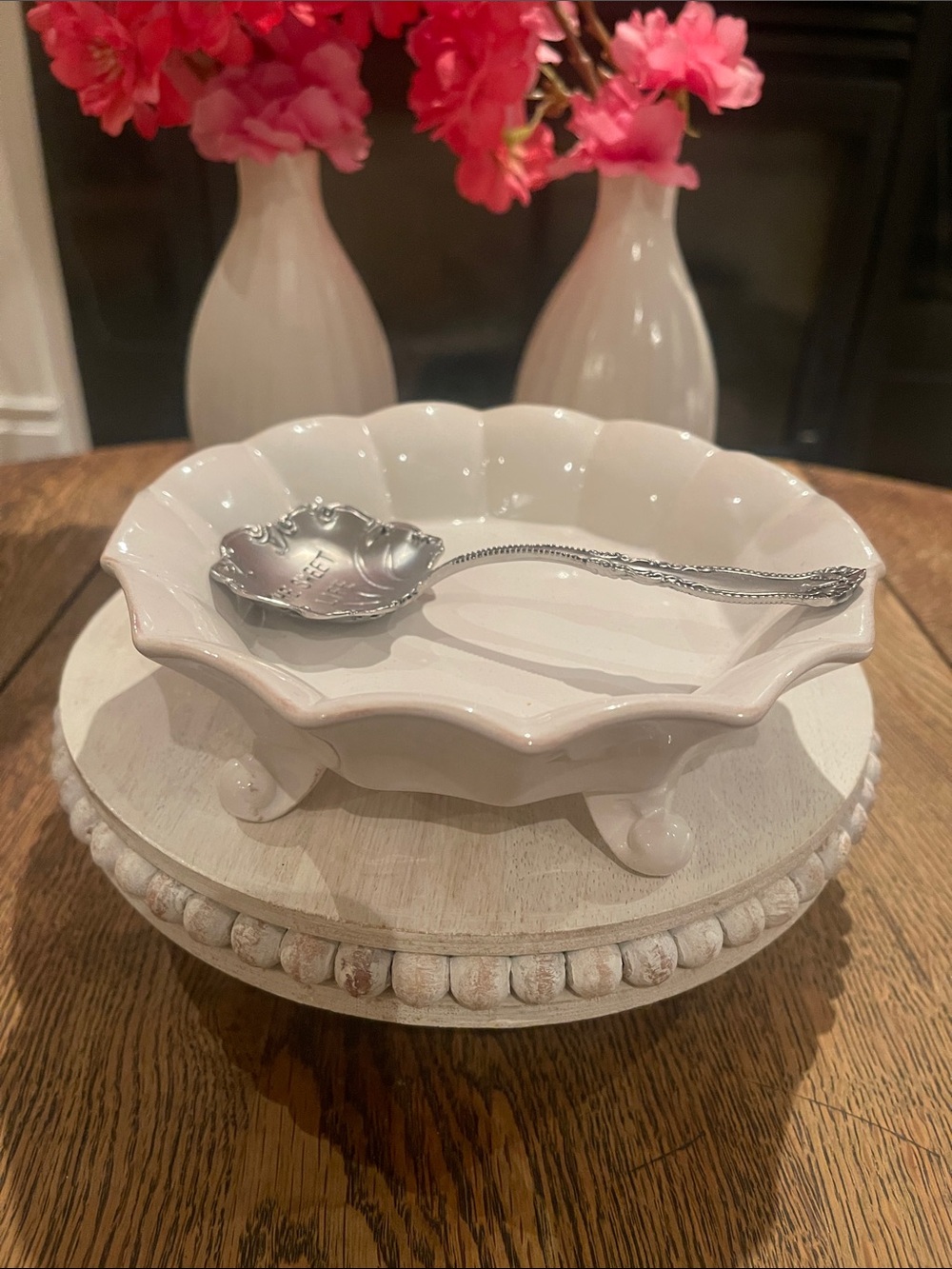 Mud Pie White Scalloped Ceramic Serving Bowl with Decorative Spoons